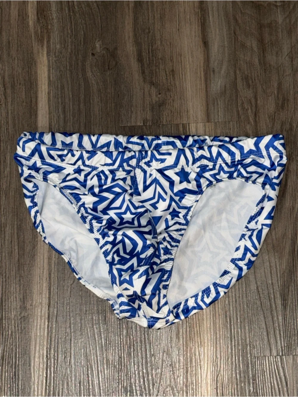 TULIO Men’s Large Blue White Star Print Swim Briefs Drawstring Swimsuit